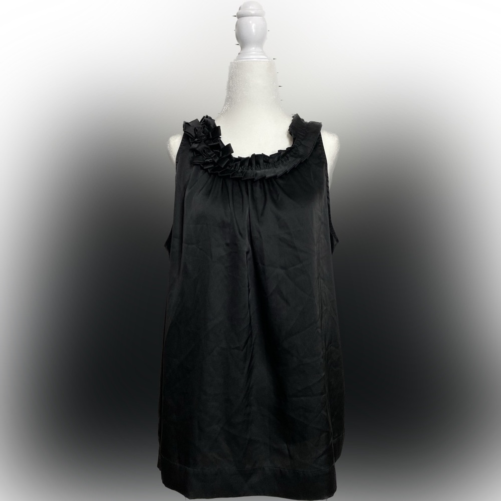 X-Large Tommy Hilfiger Black Sleeveless Blouse w/ Pleated Neckline & Flower Bows